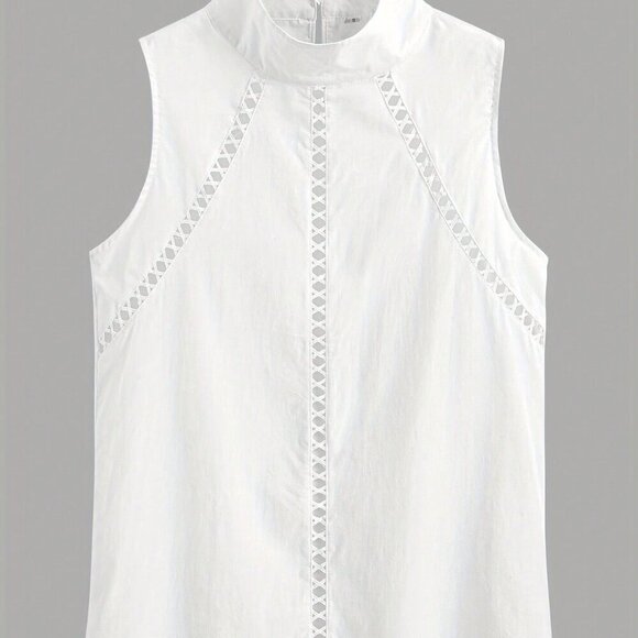 White Elegant Women's High Collar Sleeveless Loose Lace Trim Blouse - Picture 3 of 5